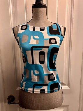 Y2K Vintage Fairweather Geometric Print Sleeveless Top in Blue, Black and Grey